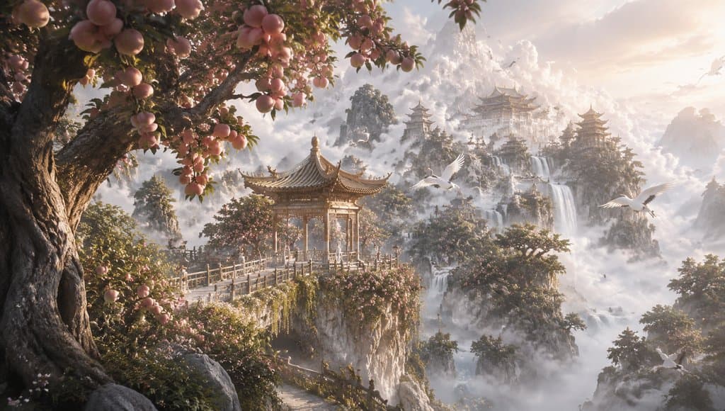 仙界蟠桃园，古亭悬于云雾山崖，粉桃绽放，白鹤飞翔，东方仙侠写实风格