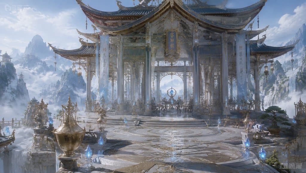 仙门客卿殿，东方仙侠风格的宏伟殿堂，金色装饰与灵光环绕，写实3D场景