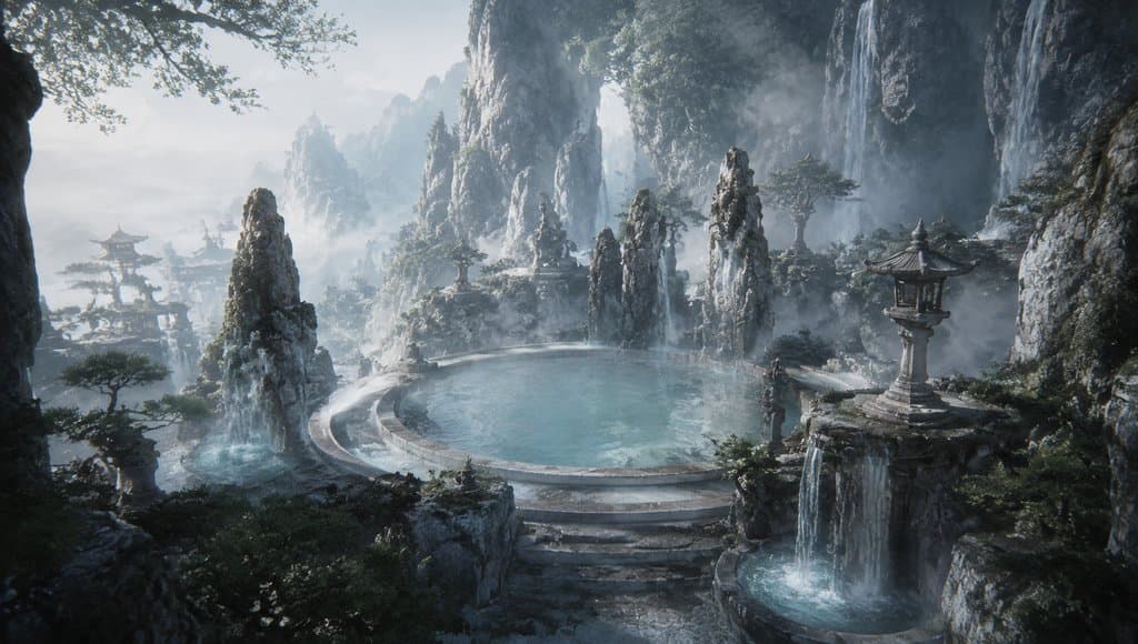 东方仙侠风格的灵泉浴池，环绕奇石瀑布，雾气缭绕，写实3D场景
