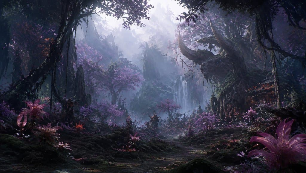 妖族秘境中的神秘森林，紫色妖花盛开，巨兽头骨树影笼罩，仙侠写实风格