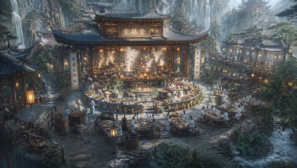 仙门膳堂灵厨，东方仙侠写实场景，弟子围坐宴席，灶台烟火缭绕，山间古建筑群