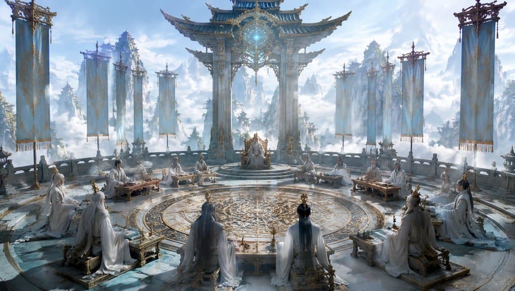 仙门议事大殿，主座高居中央，列席长老环绕，灵旗飘扬，东方仙侠写实风格