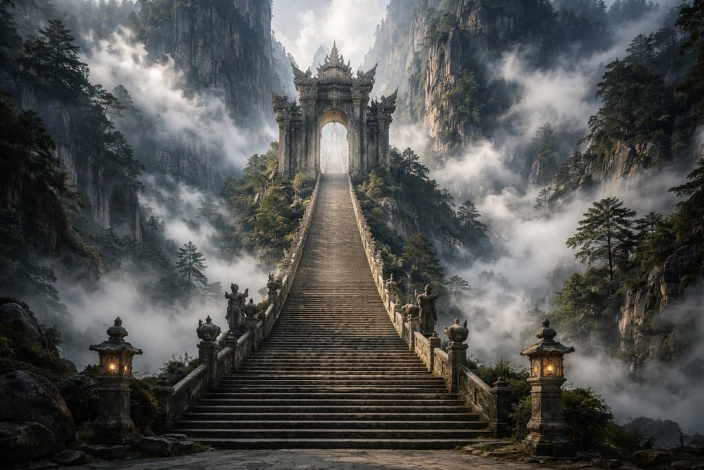 云雾缭绕的山门天梯，万级石阶通向神秘东方仙侠古殿，写实风格