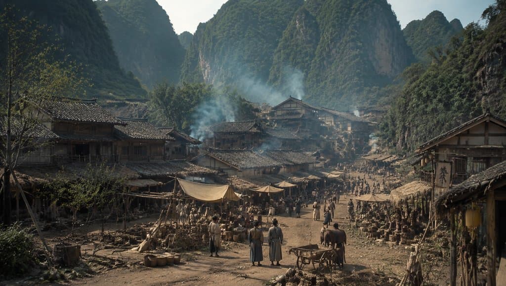 东方仙侠风格山村集市，炊烟袅袅，古朴屋舍与群山环绕，写实3D场景