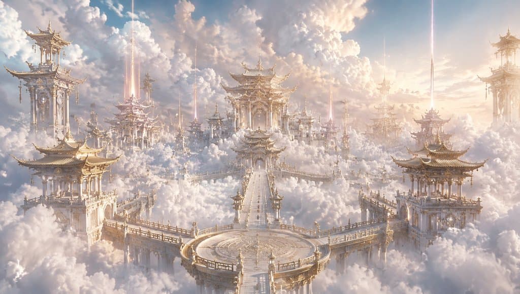 云端仙宫，金色飞檐楼阁悬浮于云海之上，玉桥连接宫殿，瑞气升腾，东方仙侠写实风格