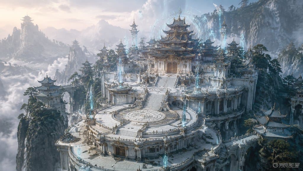 仙府宫阙，层叠中式宫殿，玉栏环绕，禁制光晕，东方仙侠写实风格