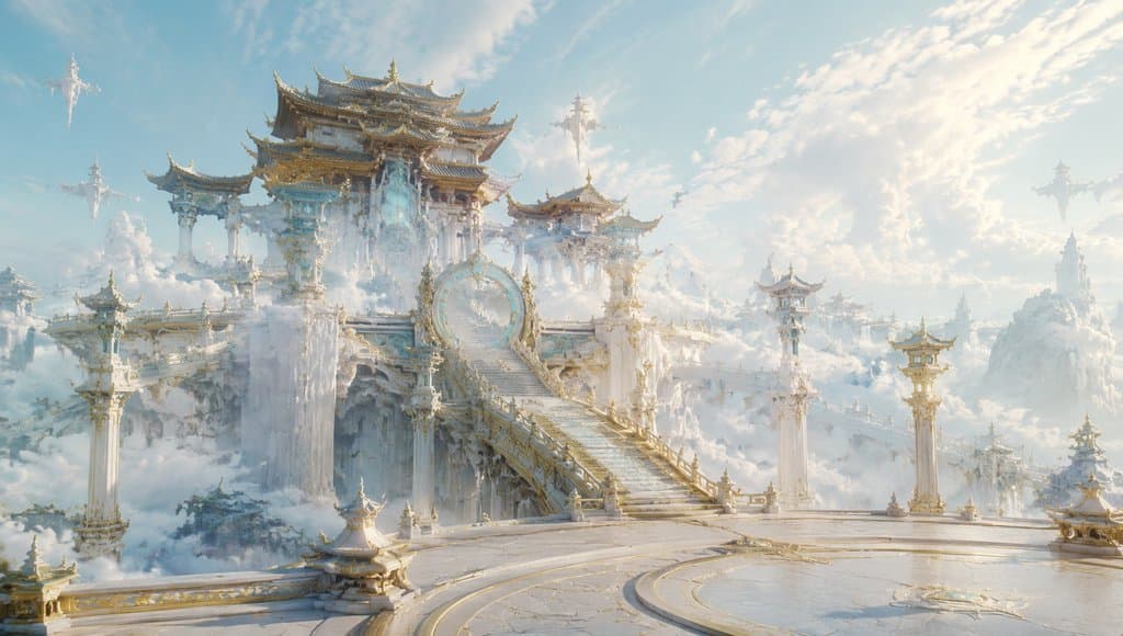 悬浮于云海之上的仙界琼楼，金色飞檐与冰晶建筑交织，东方仙侠风格写实场景