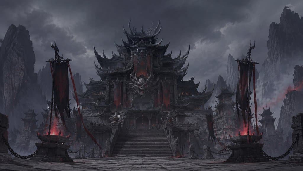 魔教总坛殿，玄黑魔殿，煞气幡飘扬，压迫感十足的东方仙侠写实建筑