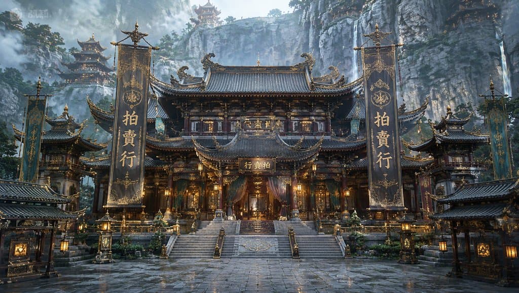 东方仙侠风格的华丽拍卖行楼阁，金色装饰与灵纹招幡，灯火辉煌，山崖瀑布环绕