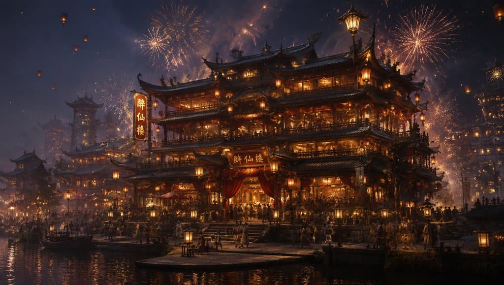 夜幕下的醉仙楼，灯火辉煌，烟花绽放，东方仙侠风格建筑，水面倒影，人群熙攘