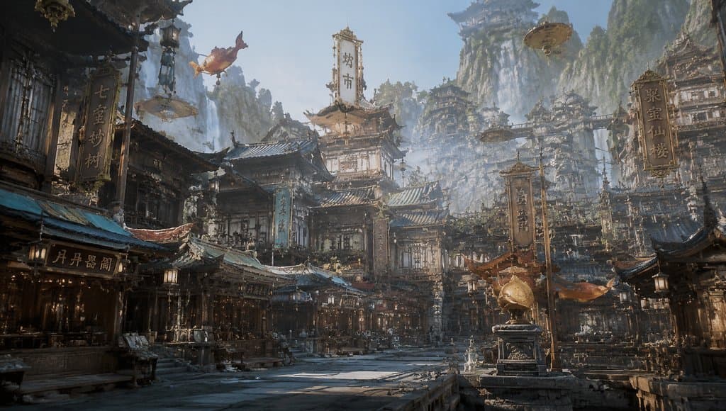 东方仙侠风格的坊市店铺，悬浮招幡与灵光点缀，写实建筑群
