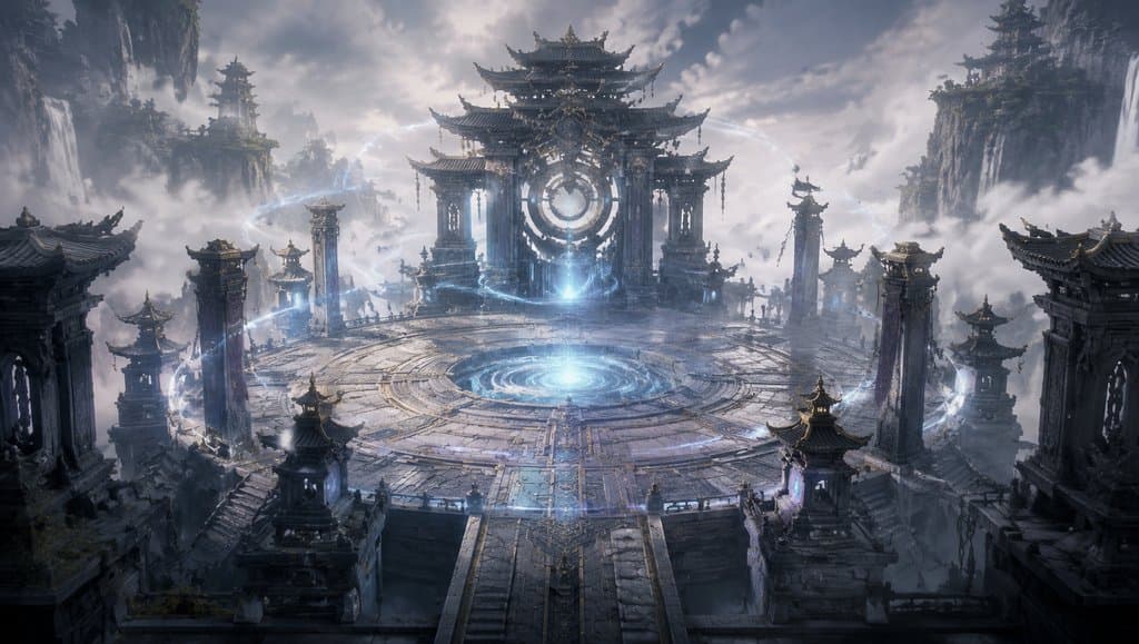 东方仙侠风格的传送阵殿，巨型阵盘发光，古风建筑环绕，云雾缭绕