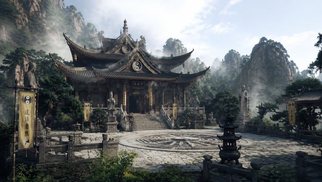 东方仙侠风格道宫建筑，飞檐翘角，八卦纹饰，雾绕山林，写实3D场景