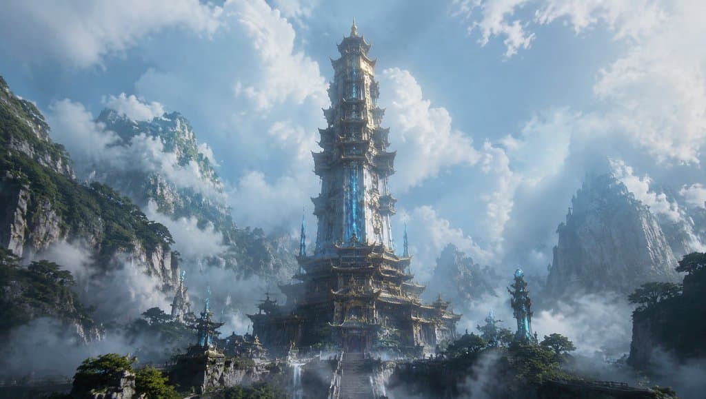 仙塔耸立于云雾缭绕的山巅，层叠灵纹装饰，东方仙侠风格写实建筑