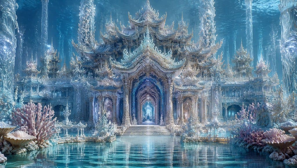 龙宫水殿，冰晶建筑，珊瑚环绕，东方仙侠风格