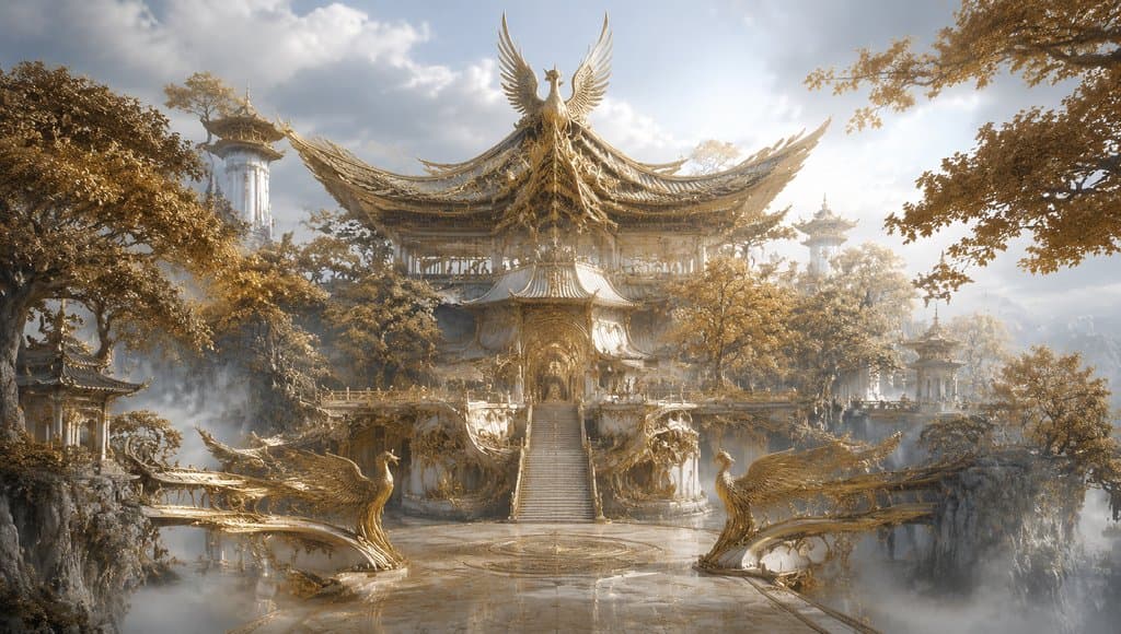 金色凤凰顶的东方仙侠建筑，祥瑞凤纹装饰，写实风格
