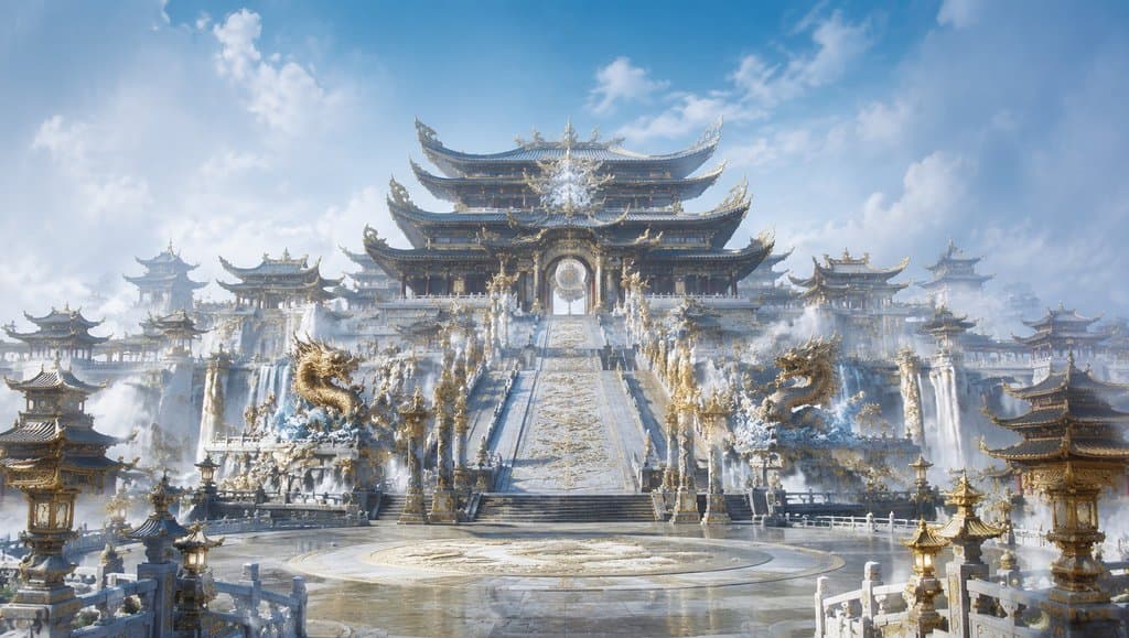 仙武皇宫宏伟建筑，金色龙纹装饰，东方仙侠风格写实宫殿