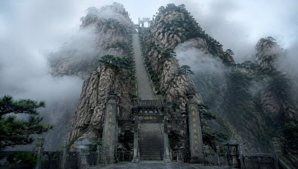 云雾缭绕的山门石阶天梯，东方仙侠风格写实建筑，宏伟阶梯通向山顶庙宇