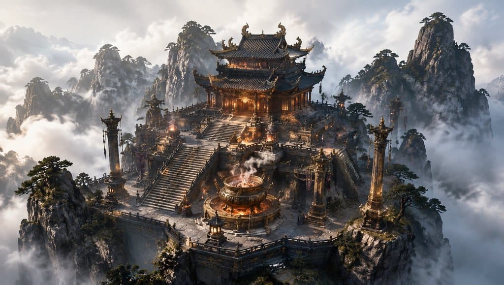云雾缭绕的东方仙侠建筑群，丹炉燃烧，古殿巍峨，写实风格