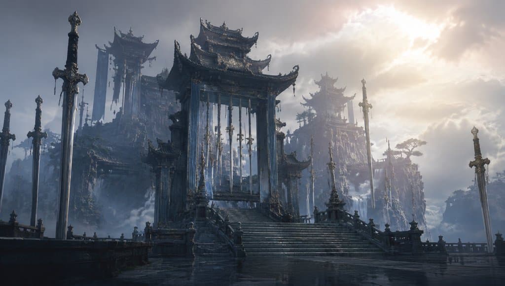 东方仙侠风格的剑阁建筑，悬挂万剑，楼阁巍峨，写实3D渲染
