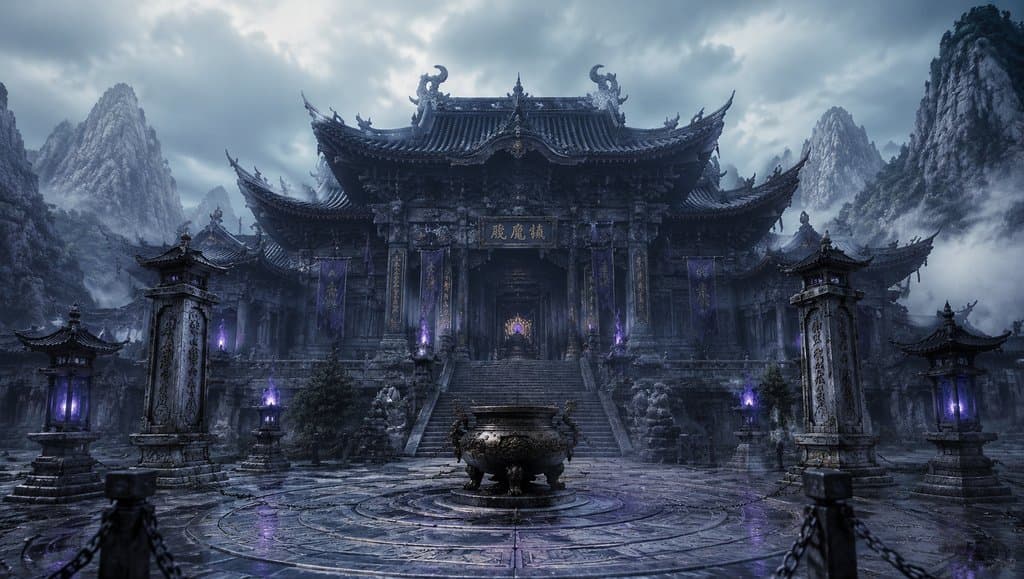 镇魔殿，东方仙侠风格写实建筑，紫光符阵环绕，古朴庄严