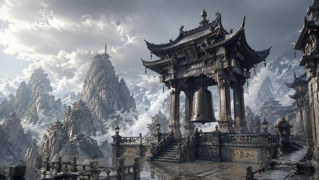 仙门钟楼悬挂巨钟，东方仙侠风格写实建筑，云雾缭绕山峰环绕