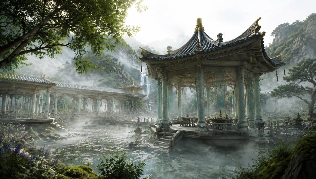 东方仙侠风格的灵田水榭，雾气缭绕的古典建筑与山水相映，写实3D渲染