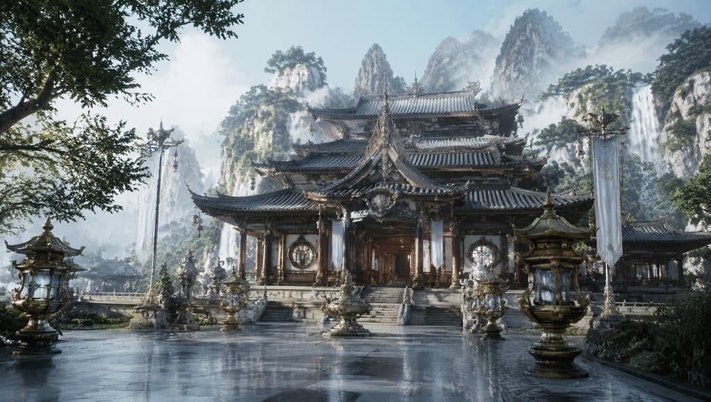 东方仙侠风格的仙门客卿院，写实建筑，飞檐翘角，山雾缭绕，庭院开阔，法器点缀，古风典雅