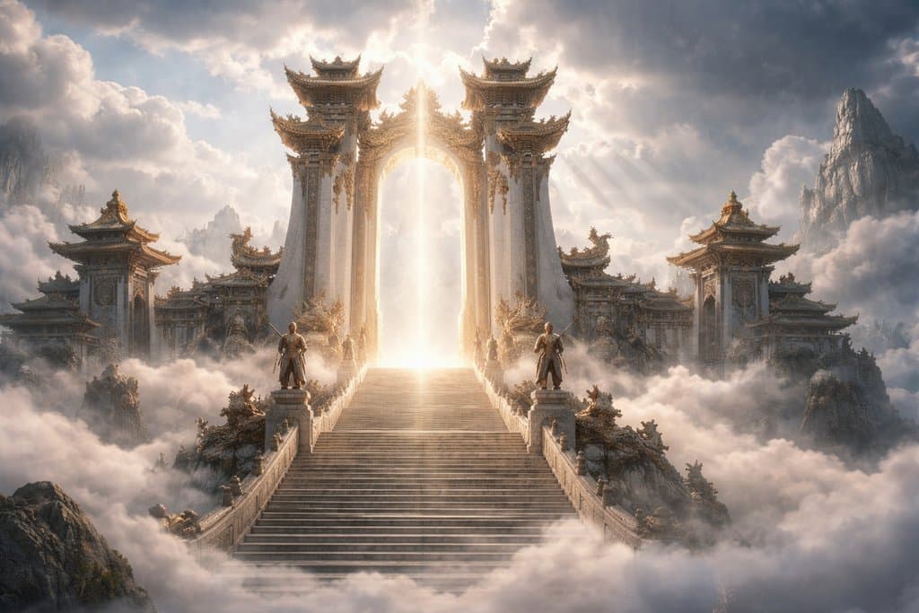 仙界南天门，金色巨拱门闪耀仙光，云海环绕，守卫伫立，东方仙侠写实风格