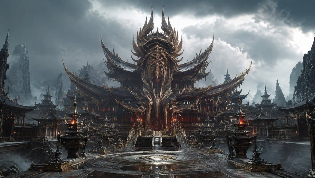 万妖朝凰殿，东方仙侠风格的妖族大殿，凤形建筑与妖纹装饰，写实3D场景