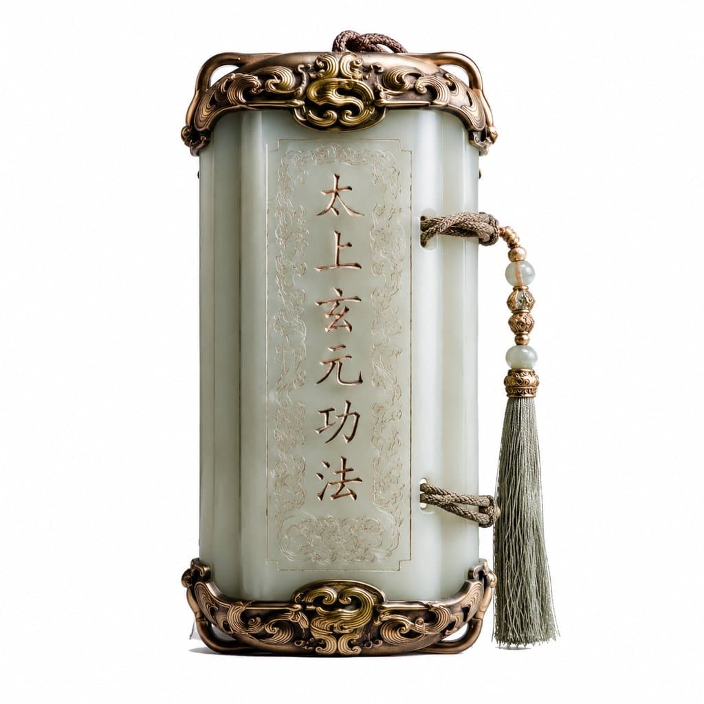温润玉简，刻有灵纹与‘太上玄元功法’字样，配铜质装饰与流苏，东方仙侠风格写实道具