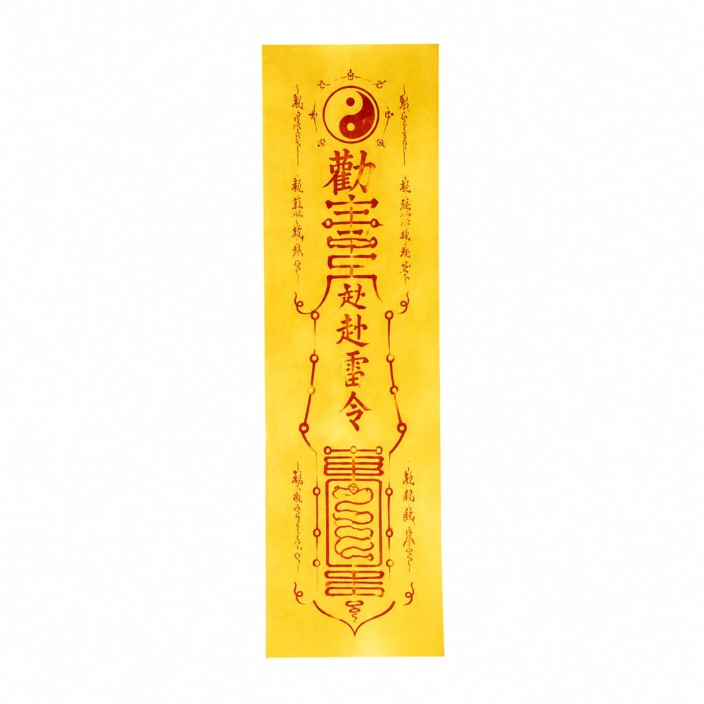 黄色黄纸上的朱砂灵符，绘有太极图案和神秘符文，东方仙侠风格写实道具