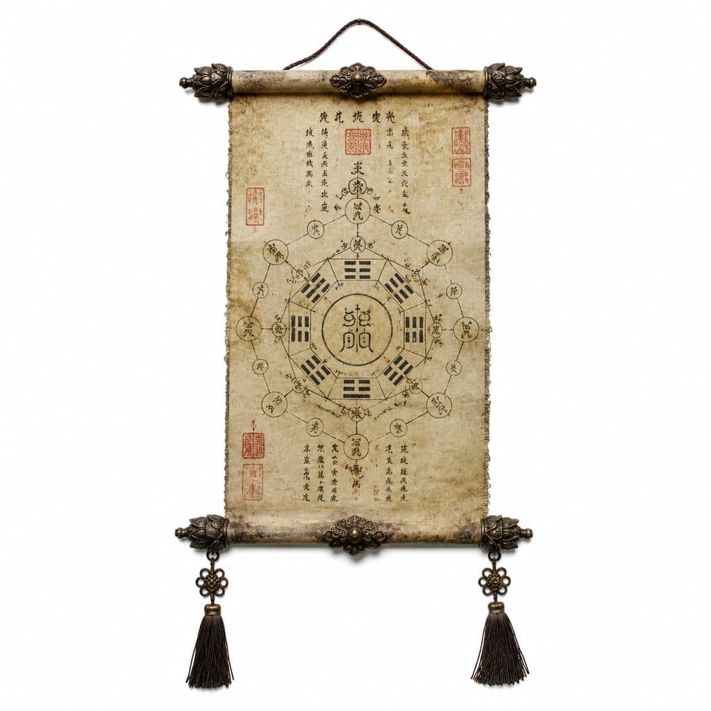 仙符箓阵图，古风卷轴，太极八卦阵，红色印章，东方仙侠风格