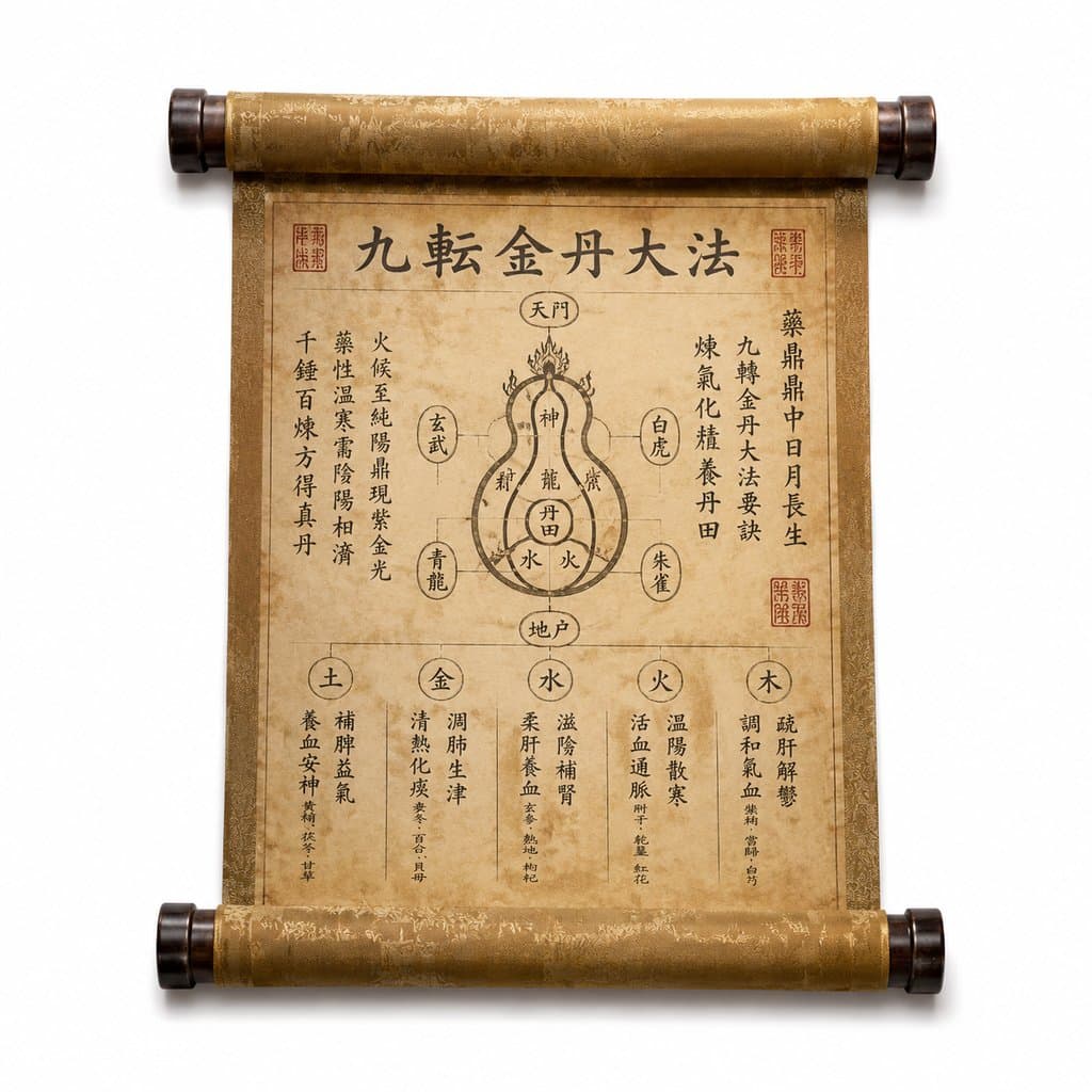 泛黄帛卷上的丹方药谱，包含炼丹图示与五行药材，东方仙侠风格写实道具