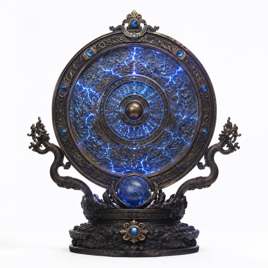 东方仙侠风格渡劫雷池法器，蓝色雷光纹路环绕，金属雕花底座，写实3D道具