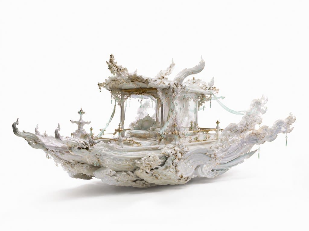 法舟云舟，悬浮于云纹之上的东方仙侠载具，白色琉璃质感，细节繁复，充满灵光与神秘感