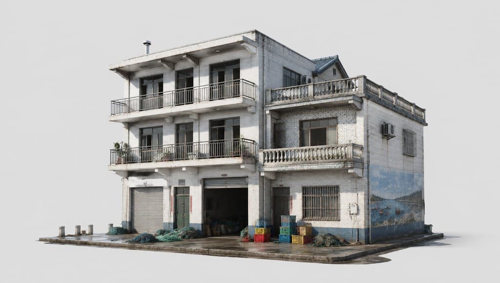 现代渔乡 渔村海边排屋 瓷砖水泥 海岛写实建筑图 透视效果图
