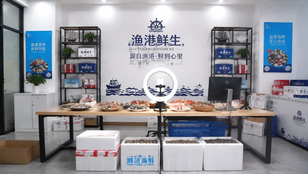 现代渔乡 海鲜直播带货间 室内 海岛写实场景图 全景