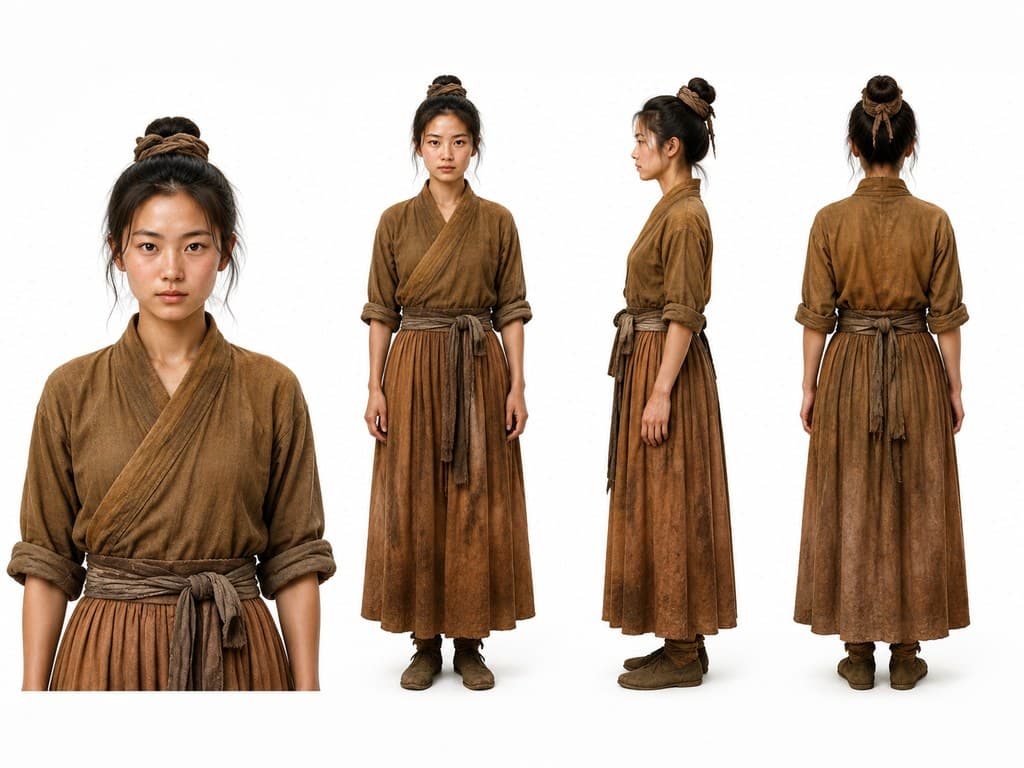 古装边关 种田农妇 粗布麻衣 四视图 古风写实角色图 三视图定妆照