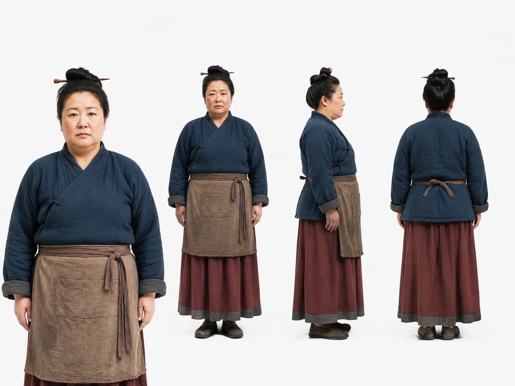 古装边关 市井攀比村妇 对襟袄裙 四视图 古风写实角色图 三视图定妆照
