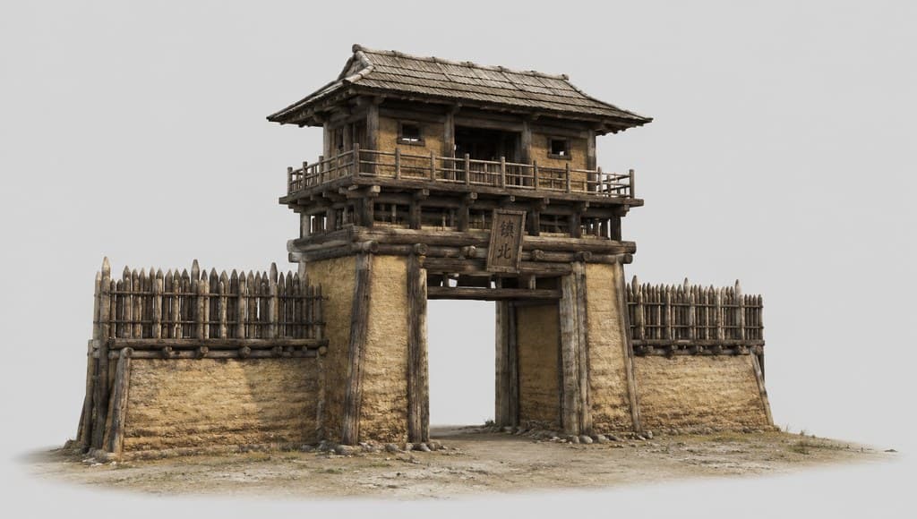 古装边关 边关辕门箭楼 木构夯土 古风写实建筑图 透视效果图