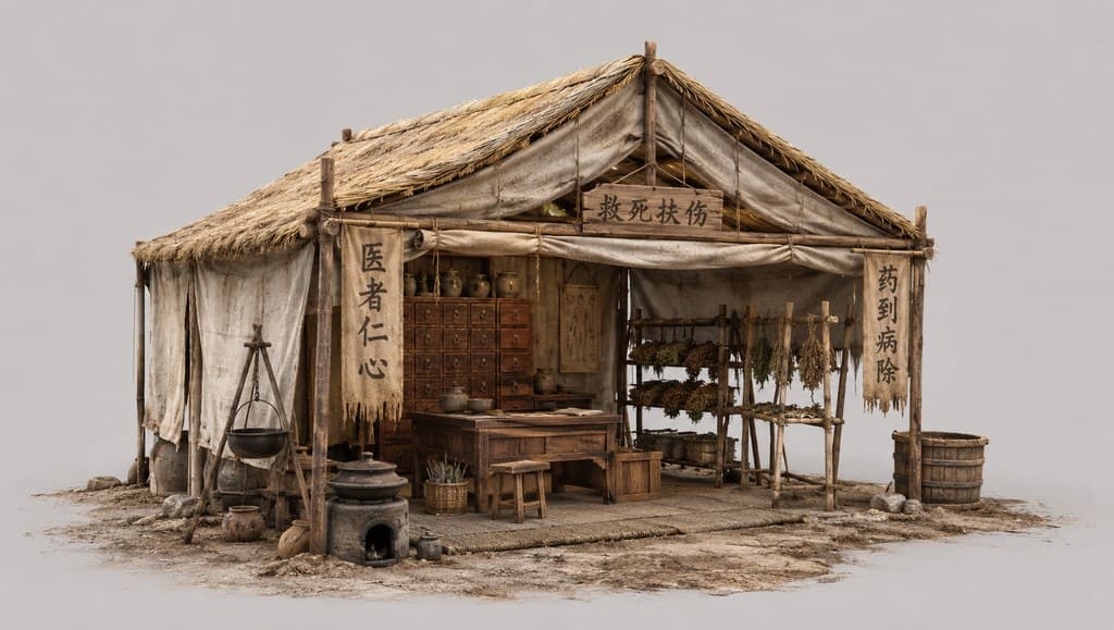 古装边关 边关医疗药棚 木竹敞棚 古风写实建筑图 透视效果图