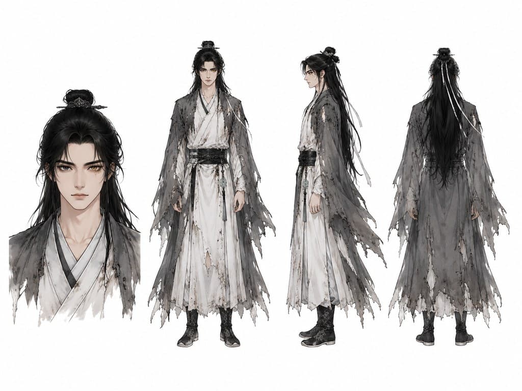 玄幻修仙 废柴逆袭少年修士 白色破旧道袍 四视图 三视图定妆照