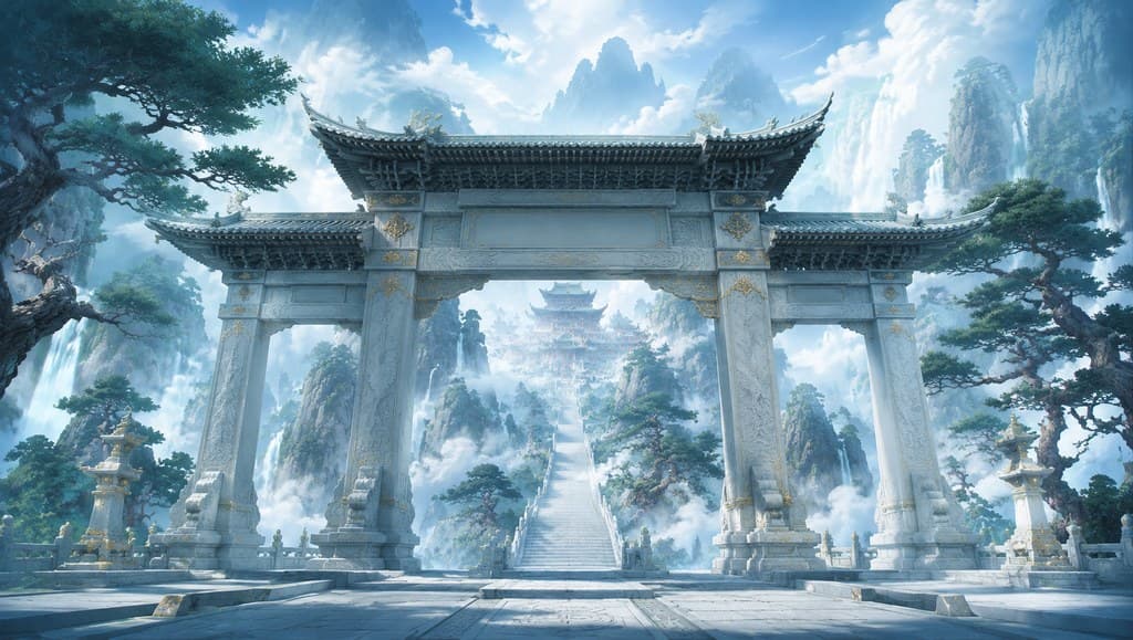 玄幻修仙 仙门宗门山门 云海青石台阶 仙气缭绕 漫画场景图 全景