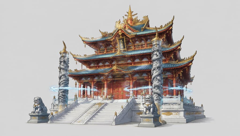 玄幻修仙 宗门主殿 重檐攒尖顶 青石雕龙柱 漫画建筑图 透视效果图