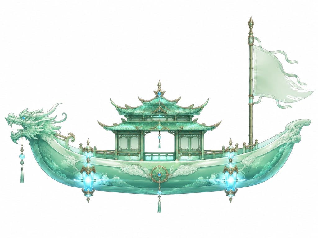 玄幻修仙 仙门飞舟 青玉船身云纹 船头龙头雕刻 漫画载具图 主视图