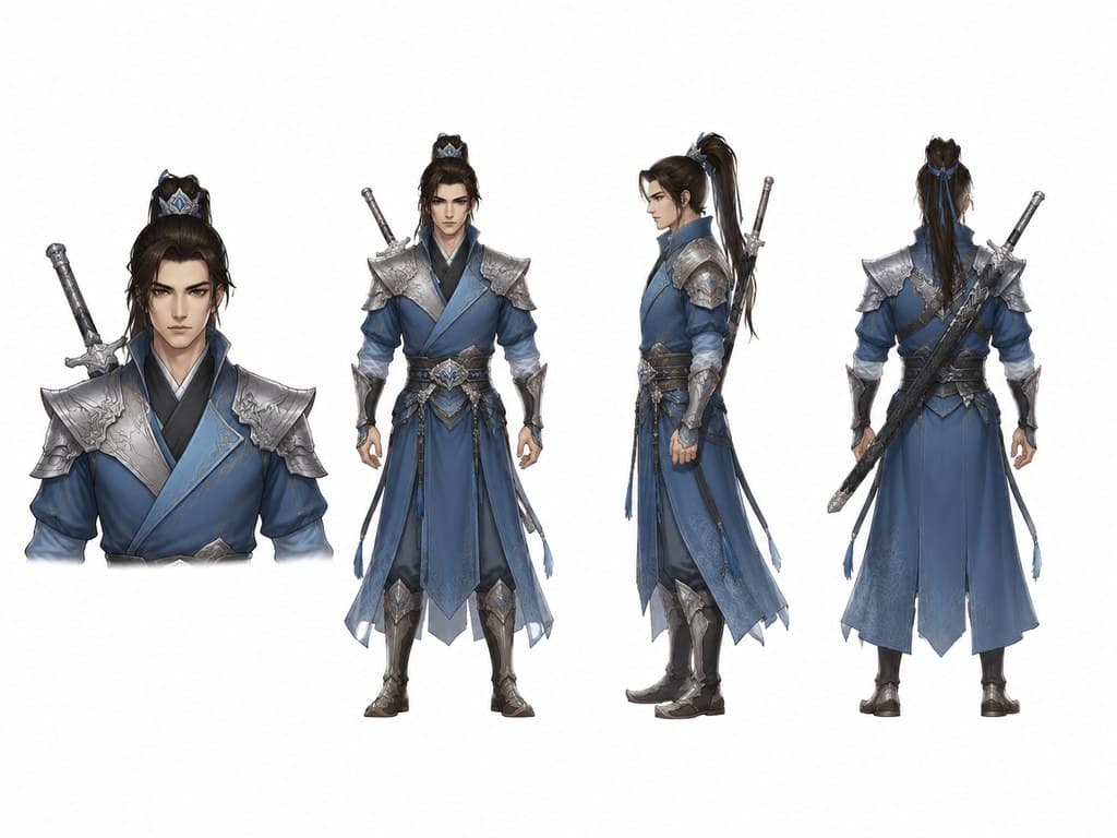 玄幻修仙 大师兄 剑修 蓝衣劲装 四视图