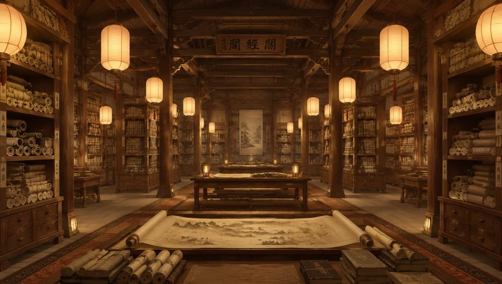 玄幻修仙 藏经阁内部 书架卷轴 古木结构 全景