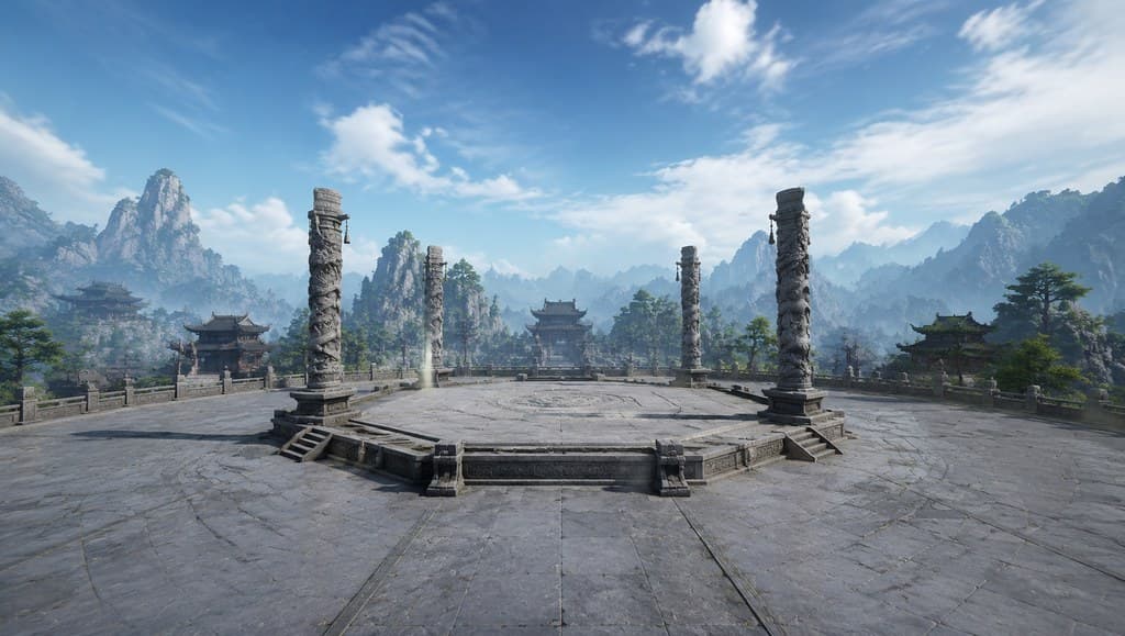 玄幻修仙 练武场 青石广场 石柱 演武台 全景
