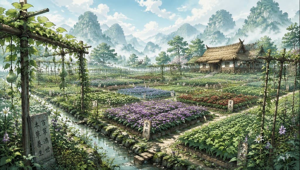 玄幻修仙 药圃 灵田 草药 木架 全景